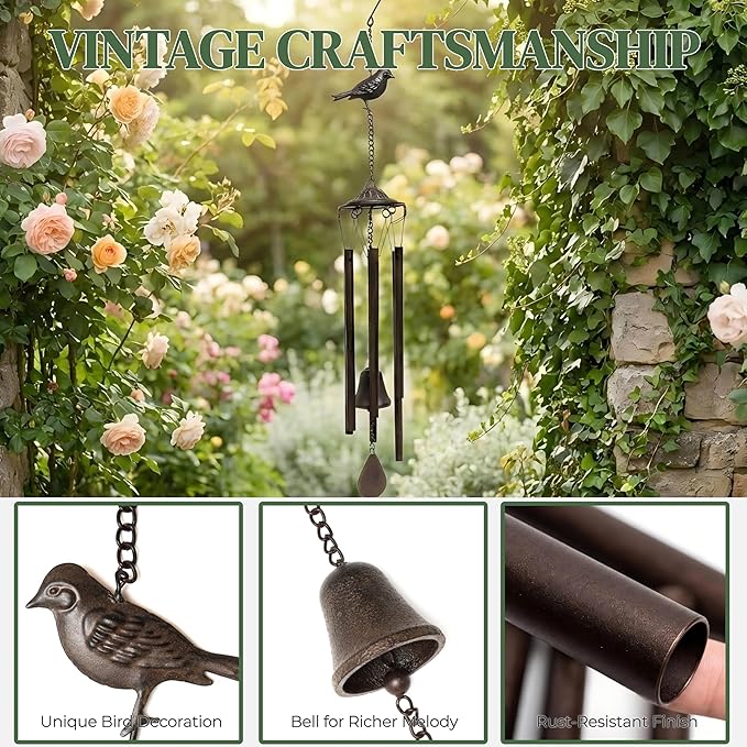 Wind Chimes for Outside – Memorial Wind Chimes for Loss of Loved One, Sympathy Gifts for Mom – Rustic Metal Garden Decor with Bird & Bell for Patio, Porch, Yard (Bronze, 29.5 Inch)