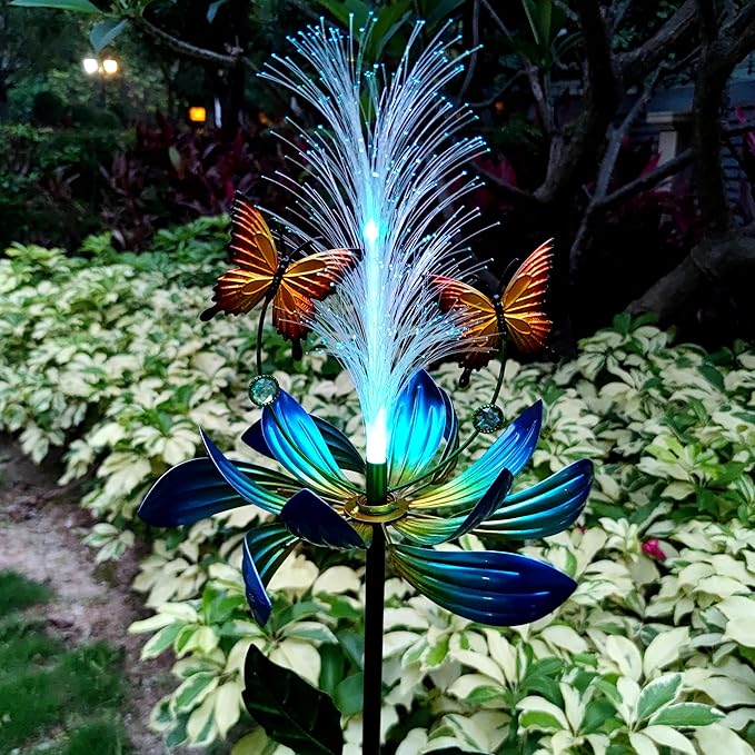 Solar Garden Wind Spinner, Blue Metal Lotus Flower with LED Lights, Butterfly Decorative Stake for Yard, Patio, Lawn