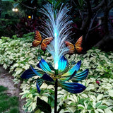 Solar Garden Wind Spinner, Blue Metal Lotus Flower with LED Lights, Butterfly Decorative Stake for Yard, Patio, Lawn