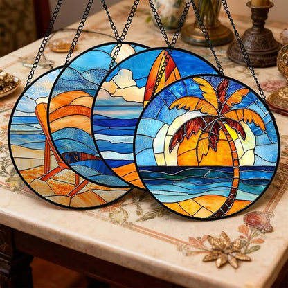 DASTOLL Stained Glass Window Hanging 4 Pcs Set Blue Orange Ocean Beach Theme Large 11.8" - Suncatcher Door Garden Sun Catcher Decor Birthday Christmas for Mom Woman Nana Men Wife