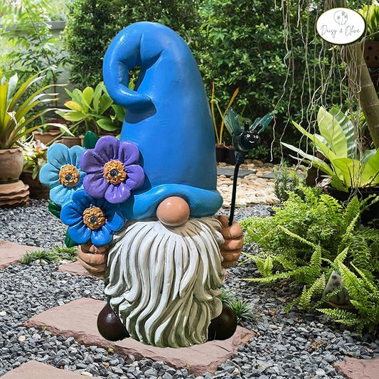 Daisy & Olive Garden Gnome | Large Solar Powered Garden Gnome Statue | Flower & Bee Lights Up | Auto On-Off | Garden Gnome for Yard | Unique Housewarming Gifts