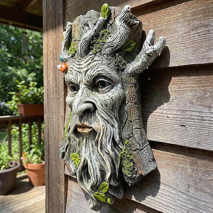 10" Whimsical Tree Face Sculpture, Garden Peeker Statue, Outdoor Trunk Tree Huggers Art, Landscape Accent Ornament, Hanging Fairy Elve Figurine for Yard Art, Trees Decor Wall Mounted Statues
