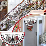 FuWeave Christmas Black and White Buffalo Plaid Bunting Fan Flag for Outside 1.5 x 3 ft Plaid Xmas Trees Hanging Flag Banner Pleated Buntings Winter Holiday for Christmas Garden Decor