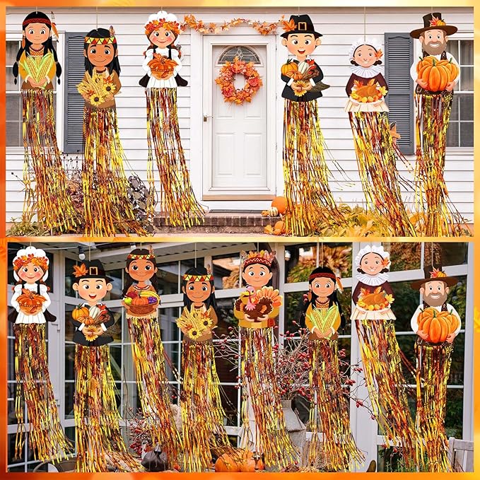 DoubleFill 8 Pcs Thanksgiving Pilgrim Outdoor Hanging Decorations with Tassels Fall Autumn Pilgrim Harvest Yard Signs for Farmhouse Festival 3.3 ft Home Lawn Yard Party Supplies Garden Decor