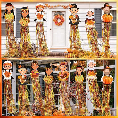 DoubleFill 8 Pcs Thanksgiving Pilgrim Outdoor Hanging Decorations with Tassels Fall Autumn Pilgrim Harvest Yard Signs for Farmhouse Festival 3.3 ft Home Lawn Yard Party Supplies Garden Decor