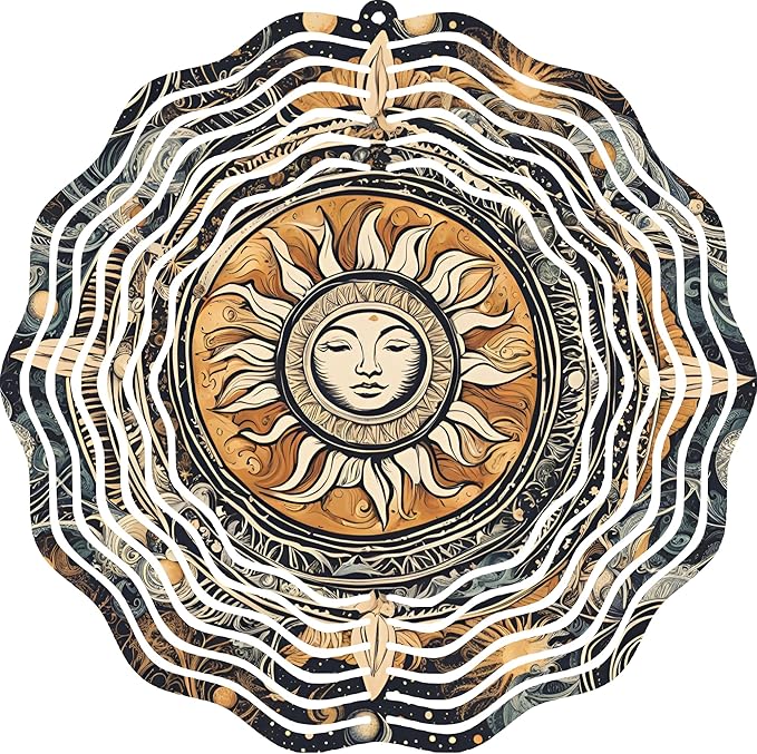 Sun Face Mandala 10" Wind Spinner Outdoor Metal Garden Art Celestial Patio Decoration Cosmic Design Yard Ornament Vibrant Hanging Sculpture
