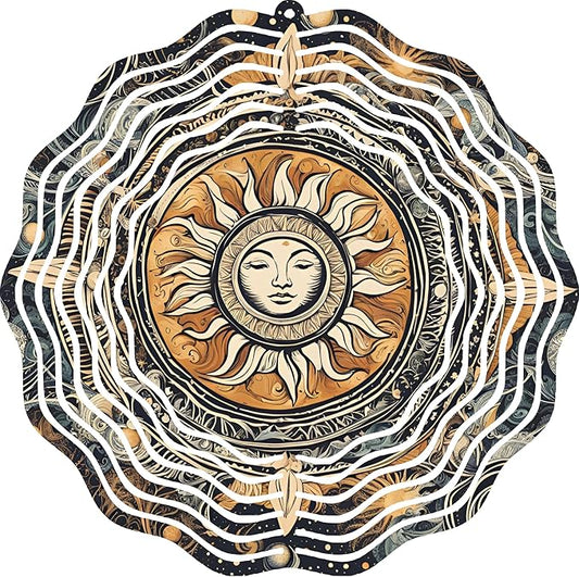 Sun Face Mandala 10" Wind Spinner Outdoor Metal Garden Art Celestial Patio Decoration Cosmic Design Yard Ornament Vibrant Hanging Sculpture