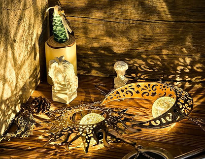 Moon Sun Wind Chimes for Outside Lights Gifts for Mom Wife Unique Crackle Glass LED Warm Light Outdoor Hanging Decor Windchimes for Garden Yard Patio Christmas Birthday Mothers Day