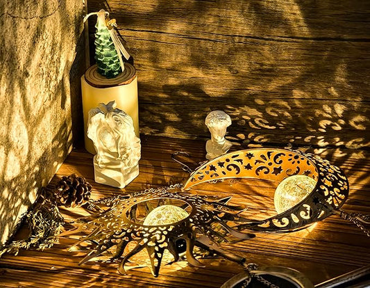 Moon Sun Wind Chimes for Outside Lights Gifts for Mom Wife Unique Crackle Glass LED Warm Light Outdoor Hanging Decor Windchimes for Garden Yard Patio Christmas Birthday Mothers Day
