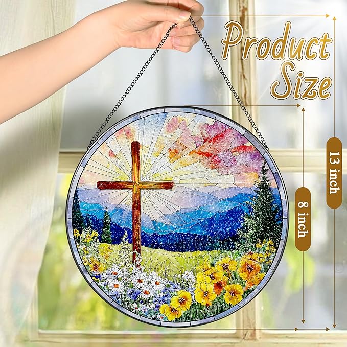 8 Inch Christian Cross Sun Catcher, Stained Glass Window Hanging, Religious Suncatcher for Windows, Sun Catchers Indoor Window, Christian Gifts, Religious Cross Gifts, Faith Home Decor