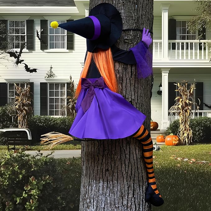 JOYIN 56'' Crashing Witch Halloween Tree Decorations Outdoor, Flying Witch on Broom Hanging Decorations for Yard, Porch, Door, Lawn, Haunted House Prop