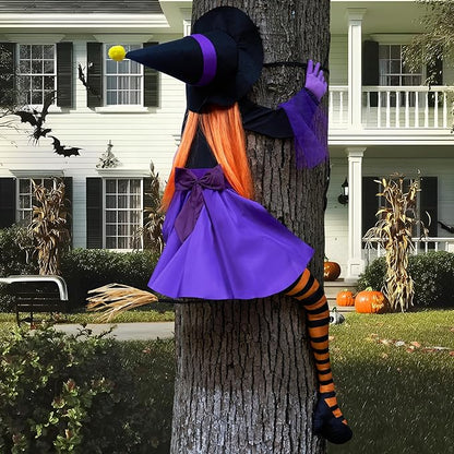 JOYIN 56'' Crashing Witch Halloween Tree Decorations Outdoor, Flying Witch on Broom Hanging Decorations for Yard, Porch, Door, Lawn, Haunted House Prop