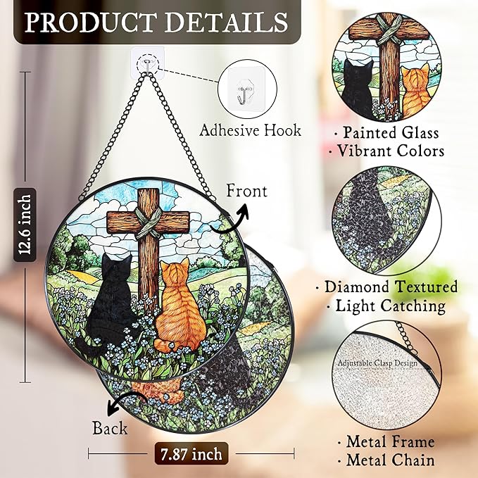 Cat Cross Stained Glass Window Hanging Suncatcher Gifts for Women, Christian Forget Me Not Sun Catcher Indoor Window Decor, Rustic Cats Painted Glass Wall Hanging Decorations 7.8x7.8 in