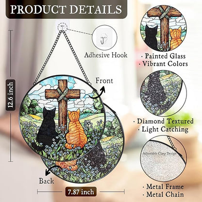 Cat Cross Stained Glass Window Hanging Suncatcher Gifts for Women, Christian Forget Me Not Sun Catcher Indoor Window Decor, Rustic Cats Painted Glass Wall Hanging Decorations 7.8x7.8 in