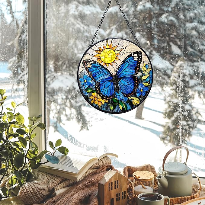 Butterfly Stained Glass Window Hanging Suncatchers, Blue Butterfly Flower Sun Catchers Indoor Window Glass Wall Art Decor, Nature Insect Floral Wall Hanging Decorations Sculptures, 7.9x7.9in