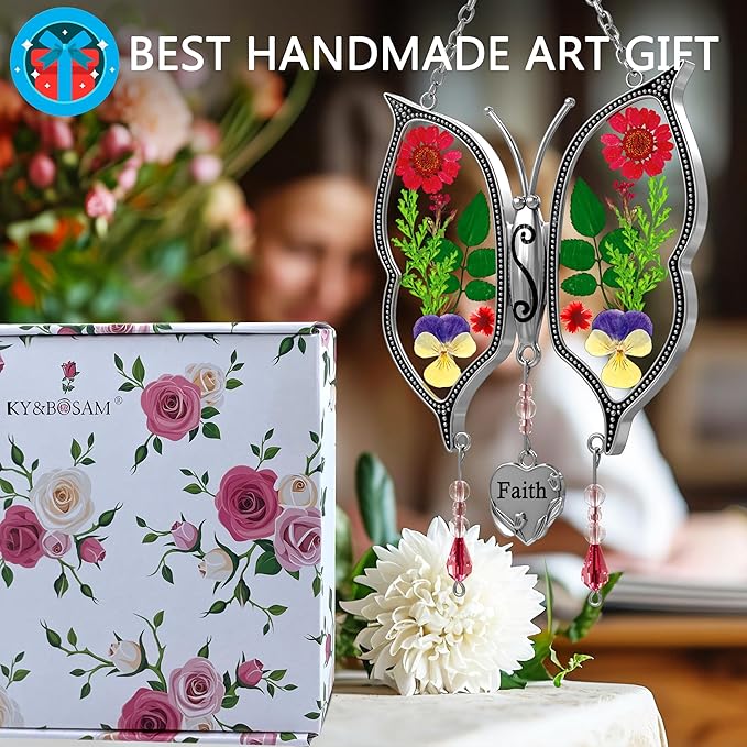KY&BOSAM Butterfly Suncatcher Faith Stained Glass for Windows Hangings Wind Chimes Ornament with Pressed Flower Wings Embedded in Glass and Metal Charm for Mom Birthdays Christmas