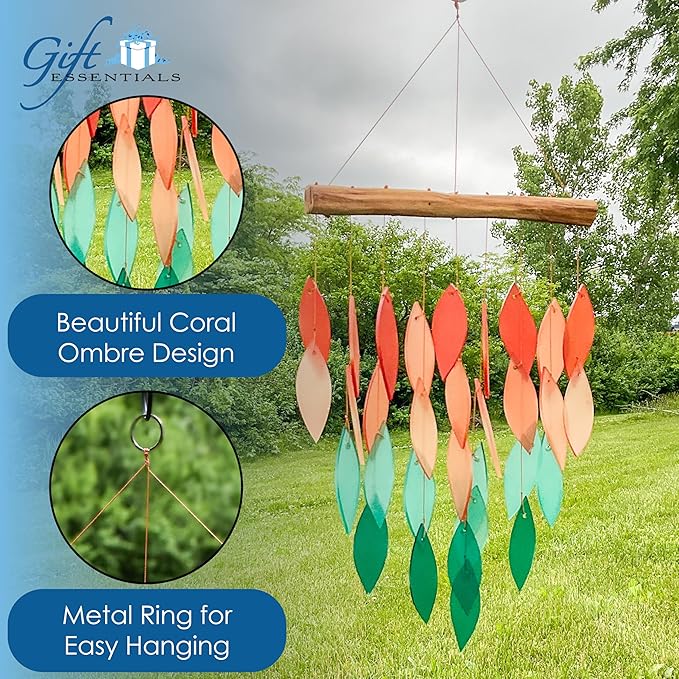 Blue Handworks Coral Ombre Waterfall Glass and Driftwood Chime, Sandblasted Glass and Found Wood Handcrafted Wind Chime