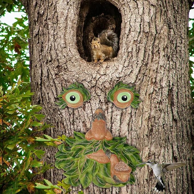 vomiceak Tree Face Decor Outdoor - Bird Feeder, Unique Old Man Tree Face Hugger Statues - Glow Eyes in Dark, Funny Garden Patio Art Statue Decor