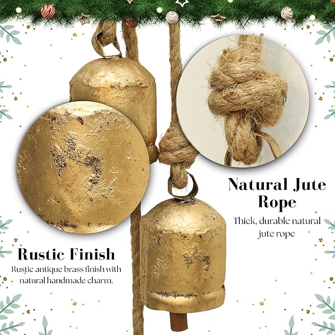 4 Small Rustic Vintage Cow Bells on Rope – Lucky Cow Bells Cluster, Handmade Metal Wall Hanging Décor for Home, Garden, Patio – Boho Farmhouse Bells on Rope Décor (Set of 4) (3 inch)