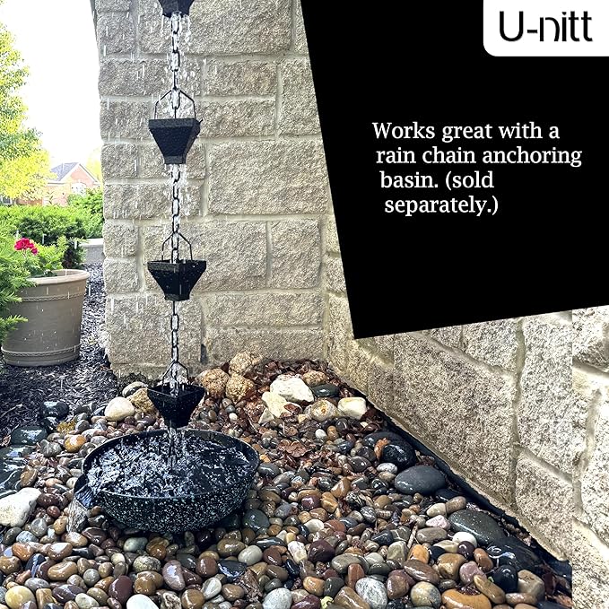 U-nitt Rain Chain Water Collection for Gutters Rainwater Catcher & Diverter, 8.5 FT Chains for Outside Garden, Black Square Cups, Roof Downspout, Works with Heavy Rain, w/Gutter Clip for Rainchains