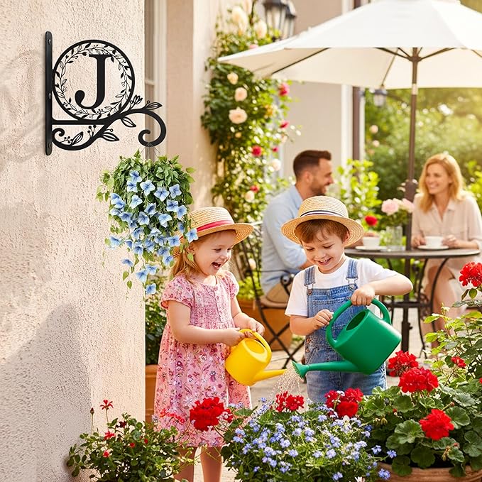 Metal Initial Letter J Plant Hanger Bracket, Decorative Wall Mount Hanging Plant Hook, Monogram Floral Leaf Garden Decor for Hanging Baskets, Bird Feeders, Lanterns, Wind Chimes
