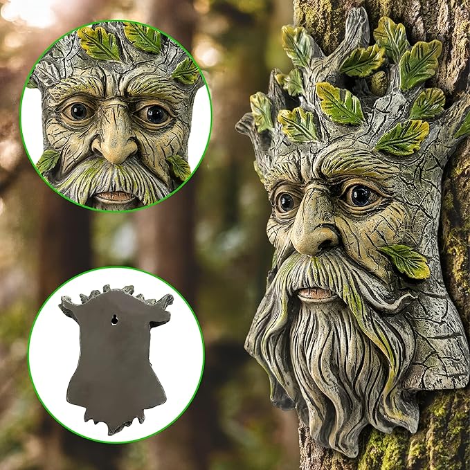Teaeeno Whimsical Tree Face Garden Decoration, 9.8 in Tree Faces Decor Outdoor Wallmounted Statue Art with Leaf Features, Outdoor Decor Garden Accessory (Nature and Outdoors)