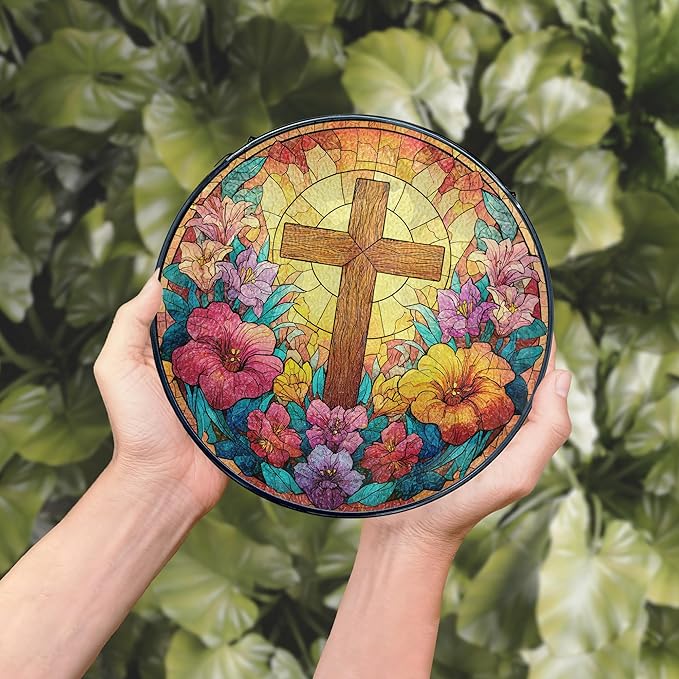 Christian Cross Flower Stained Glass Window Hanging, Cross Suncatcher, Religious Wildflower Christian Sun Catchers Indoor Window Glass Wall Art Hanging Decorations, 7.9x7.9in