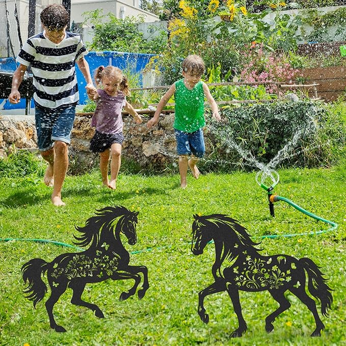 Horse Garden Stakes Decorations - 2 Pcs Metal Cool Animals Lovers Statues Decors Sets for Yard Outdoor Black Silhouette Gifts Lawn Figurines Ornaments Flowers Patio Signs Animals Sculptures