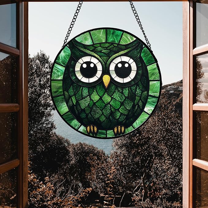 Stained Glass Window Hanging - Green Owl Suncatcher for Doors Garden Patio Funny Bird Sun Catchers Decor Christmas Mother's Day Birthday Teenager Gifts for Women Men Mom Nana Friend 9.8 in