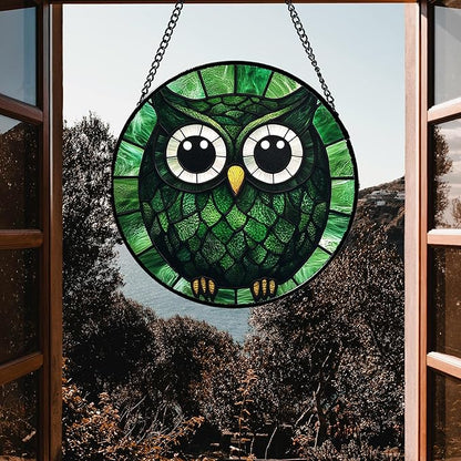 Stained Glass Window Hanging - Green Owl Suncatcher for Doors Garden Patio Funny Bird Sun Catchers Decor Christmas Mother's Day Birthday Teenager Gifts for Women Men Mom Nana Friend 9.8 in