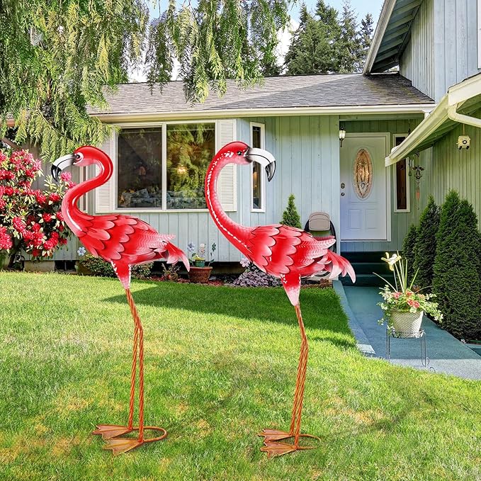 Gisafai 2 Pack 32.7 Inch Metal Flamingos Garden Statues Large Pink Flamingos Yard Outdoor Decor for Garden Home Porch Pond Patio Backyard Ornaments