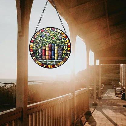 Stained Glass Window Hanging Green Plants Flowers Books Large 15" - Suncatcher Door Garden Sunroom Sun Catcher Decor Birthday Christmas for Mom Men Woman Nana