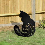 Maine Coon Cat Garden Stake - Elegant Black Cat Statue with Floral Design for Outdoor Decor, Pet Memorial Gifts, and Yard Art, Decorative Metal Cats Grave Markers for Lawn and Garden, Cats Lover Gifts