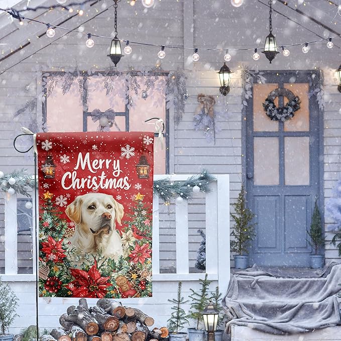 Christmas White Lab Garden Flag Merry Christmas Labrador Dog Yard Flag for Outside Xmas Flags 12x18 Double Sided Red Poinsettia Garden Flags Winter Porch Outdoor Decor