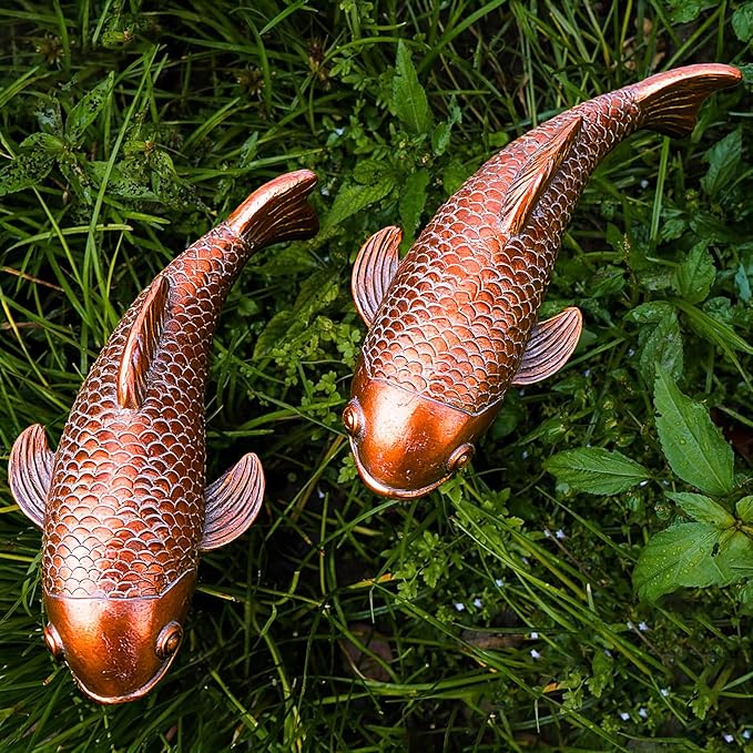 Teaeeno Set of 2 Antique Koi Fish Statue, Outdoor Garden Sculpture for Patio, Backyard, Pond, and Home Decor (Red)