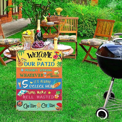 Welcome to Our Patio Outdoor Sign Metal Patio Sign Welcome Signs for Porch New Home Birthday Gift for Men Women Neighbor Friends Family Couple Party Outdoor Pool Decor, 12 x 16 Inches