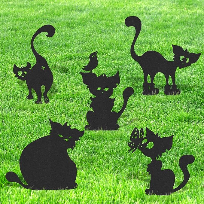 Cat Metal Garden Stakes - 5 Pcs Funny Cats Statues Outside Black Yard Art Ornaments Outdoor Silhouette Decor for Patio Lawn Pathway Halloween Christmas Birthday Gifts for Animal Lover