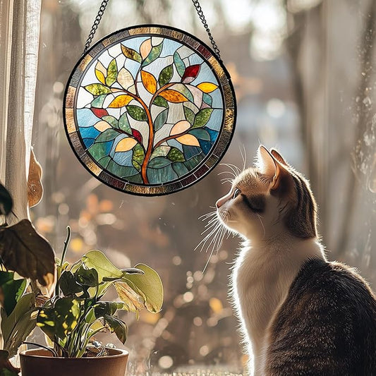 Stained Glass Window Hanging Colorful Tree of Life 7.8" - Plant Leaves Suncatcher Door Garden Sun Catcher Home Decor Birthday Christmas for Mom Men Woman Nana Friend