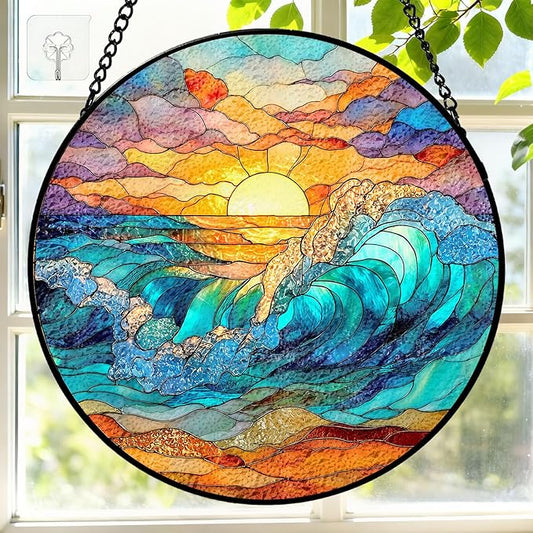 7.8 Inch Stained Glass Window Hanging Sunrise Clouds Sea Waves Sandbeach Sun Catcher Indoor Window Door Wall Yard Home Decor Scenery Colorful Glass Panel Suncatcher Gifts for Women Men Mom Grandma