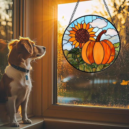 DASTOLL Stained Glass Window Hanging Fall Farm Scenery Sunflower Pumpkin Large 11.8" - Suncatcher Door Garden Kitchen Sunroom Sun Catcher Home Decor Birthday for Mom Grandma Men Woman