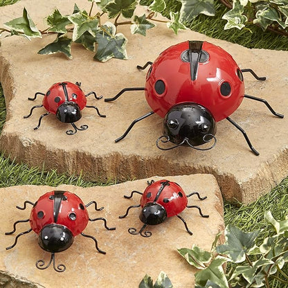 The Lakeside Collection Metal Ladybug Garden Decorations with Red and Black Spots - Set of 4