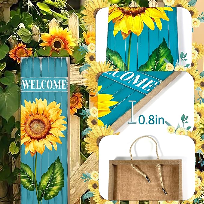 PEROUU Sunflower Welcome Wooden Sign,Spring Rustic Porch Sign for Front Door Decorations, Front Porch Decor Home Hanging Signs Wall Sign 31.5" H