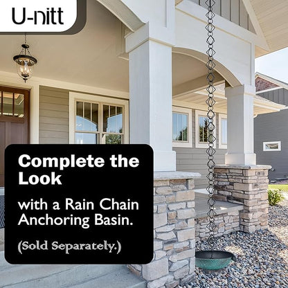 U-nitt Rain Chain Water Collection for Gutters Rainwater Catcher & Diverter, 8.5 FT Chains for Outside Garden, Black Diamond Link, Roof Downspout, Works with Heavy Rain, w/ Gutter Clip for Rainchains