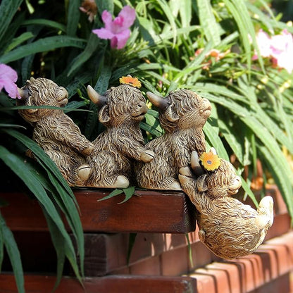 Garden Highland Cow statue for Outdoor Decor,Highland Cow Statue Shelf Sitter,Family Ties 4pc Holding Together Figurine for Outdoor Garden Bookshelf Desk Step Edge Decor,Highland Cow Gifts for Women