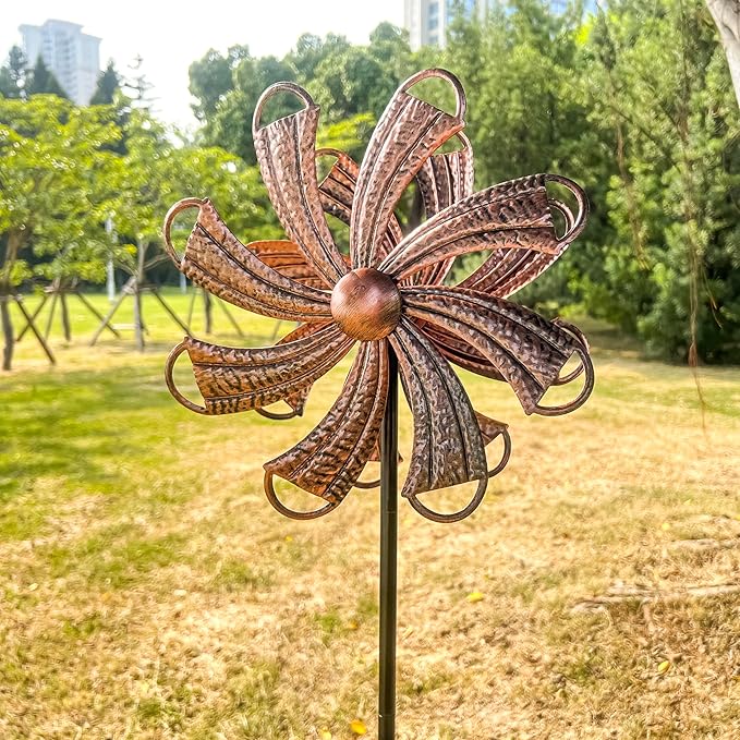 54” Metal Wind Spinner Outdoor Decor, Double Layer 360° Rotating Kinetic Sculpture, Rustproof Weather-Resistant Yard Art for Patio Lawn, Wind Spinners for Yard and Garden (Copper)
