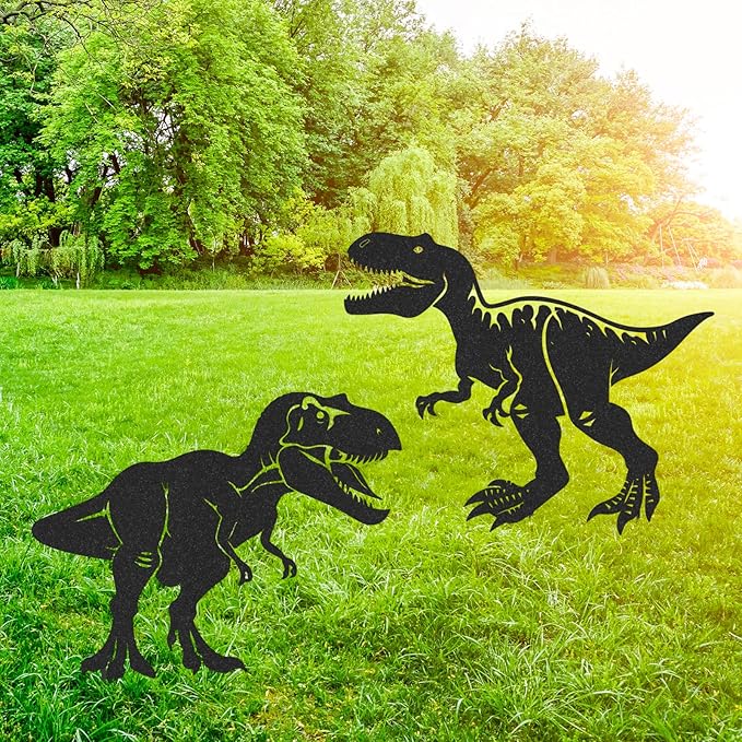 Rngmsi Dinosaur Metal Garden Art - 2PCS Metal Dinosaur Yard Art Decorations Outside Dinosaur Garden Stakes Decorative Dinos Garden Decor Outdoor for Patio Lawn Statues Gifts for Men Women Friends