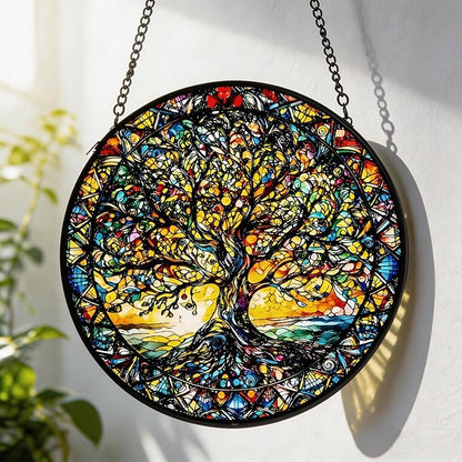 Stained Glass Sun Catcher,Tree of Life Glass Window Hanging Garden Decor,Sun Catchers Indoor Window,Whimsical Decoration for Home Backyard Patio Lawn Porch with 9.8 INCH