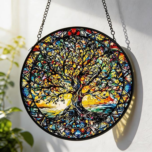 Stained Glass Sun Catcher,Tree of Life Glass Window Hanging Garden Decor,Sun Catchers Indoor Window,Whimsical Decoration for Home Backyard Patio Lawn Porch with 6.3 INCH