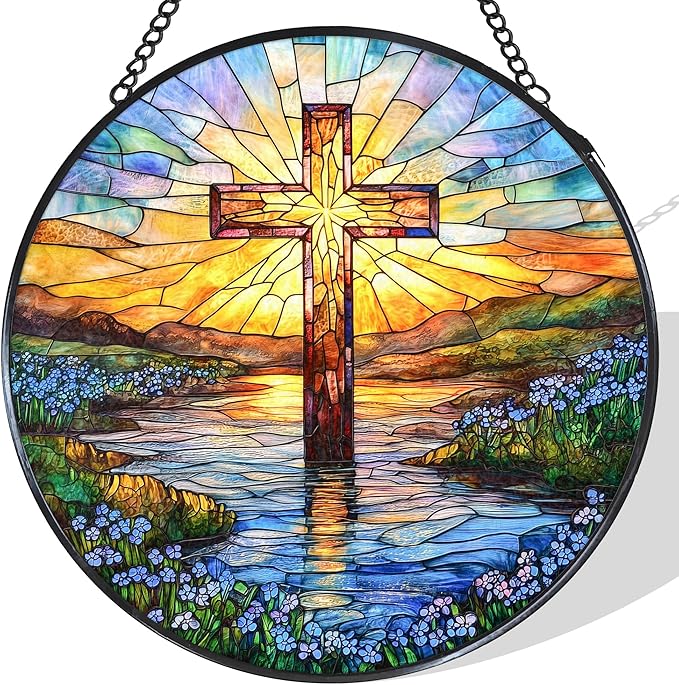 Cross Forget Me Not Stained Glass Window Hanging Suncatcher, Christian Flower Sunset Sun Catcher Indoor Window Decor Gifts, Religious Painted Glass Round Wall Hanging Decorations 7.8x7.8 in