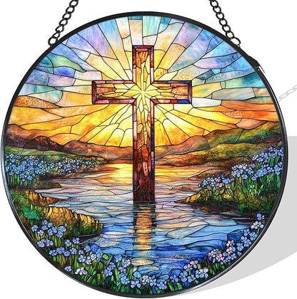 Cross Forget Me Not Stained Glass Window Hanging Suncatcher, Christian Flower Sunset Sun Catcher Indoor Window Decor Gifts, Religious Painted Glass Round Wall Hanging Decorations 7.8x7.8 in